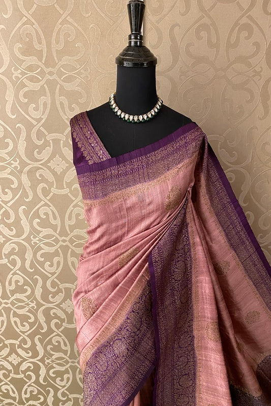Mauve Pure Raw Tussar Banarasi Silk Saree, Hand Woven Motifs With Blouse