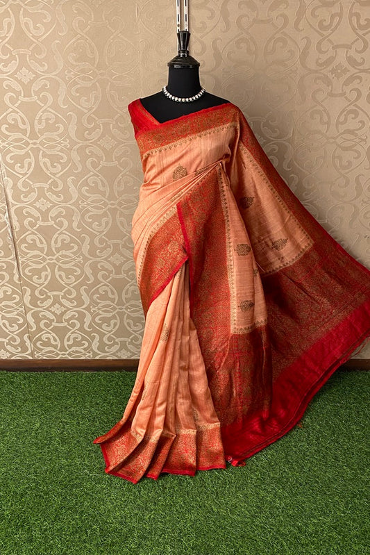 Peach and Red Pure Raw Tussar Banarasi Silk Saree, Hand Woven Motifs With Blouse