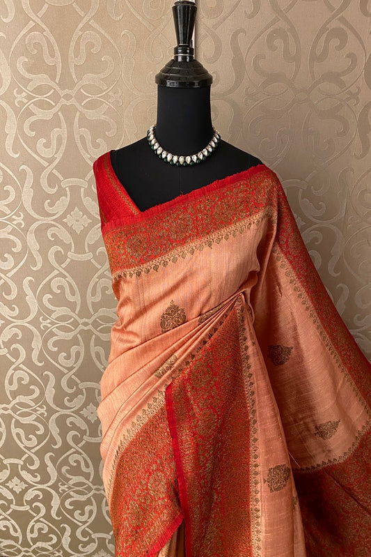 Peach and Red Pure Raw Tussar Banarasi Silk Saree, Hand Woven Motifs With Blouse