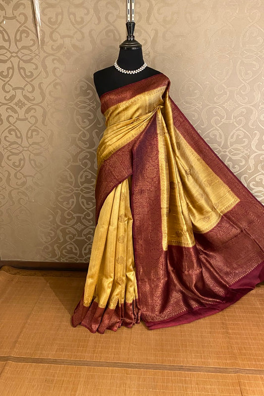 Golden Yellow Pure Raw Tussar Banarasi Silk Saree, Hand Woven Motifs, With Blouse