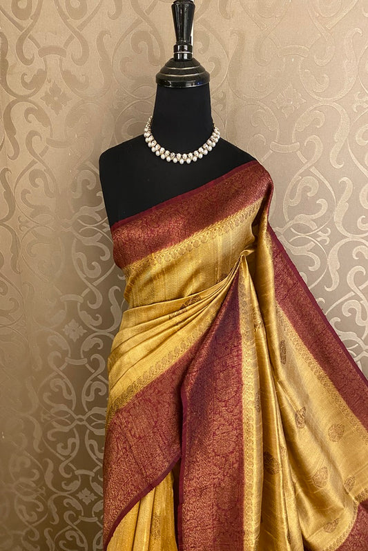 Golden Yellow Pure Raw Tussar Banarasi Silk Saree, Hand Woven Motifs, With Blouse