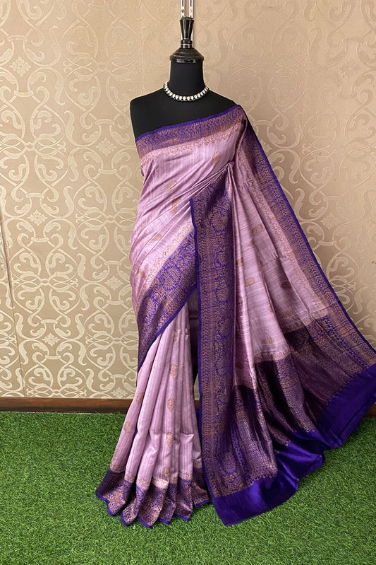 Mauve Pure Raw Tussar Banarasi Silk Saree, Hand Woven Motifs, With Blouse