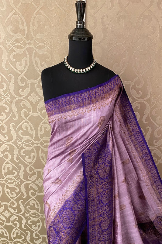 Mauve Pure Raw Tussar Banarasi Silk Saree, Hand Woven Motifs, With Blouse