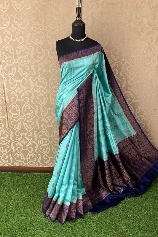 Firozi Blue Pure Raw Tussar Banarasi Silk Saree, Hand Woven Motifs, With Blouse
