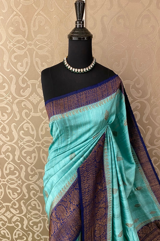 Firozi Blue Pure Raw Tussar Banarasi Silk Saree, Hand Woven Motifs, With Blouse