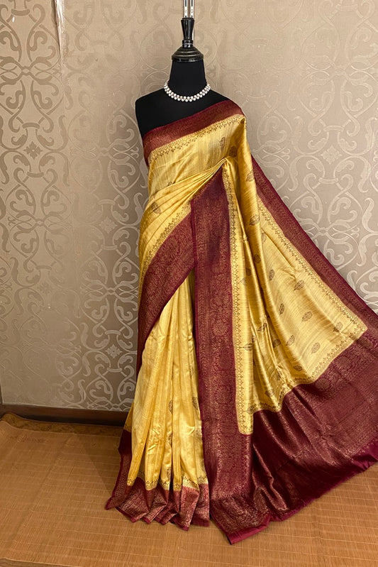 Golden Yellow Pure Raw Tussar Banarasi Silk Saree, Hand Woven Motifs With Blouse