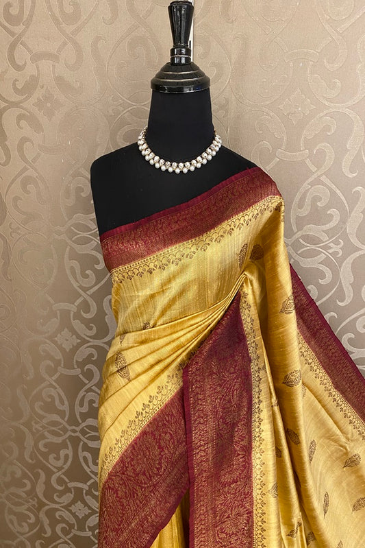 Golden Yellow Pure Raw Tussar Banarasi Silk Saree, Hand Woven Motifs With Blouse