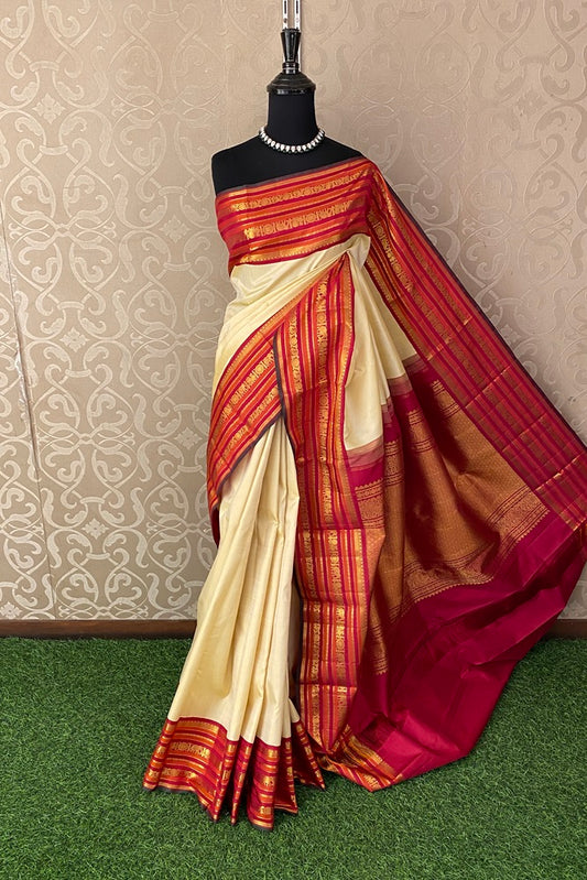 Offwhite Gold and Red Pure Kanjeevaram Silk Saree, With Unstich Blouse