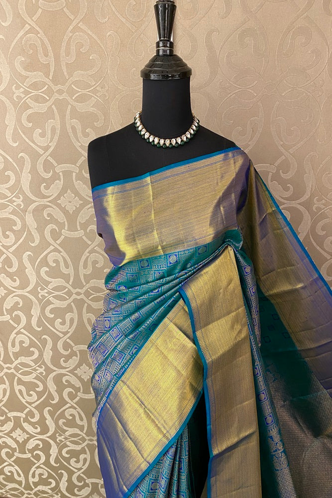 Peacock Blue Pure Kanjeevaram Silk Saree, With Unstich Blouse