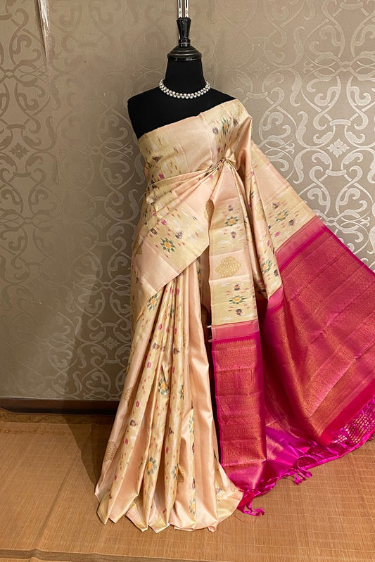 Light Peach Kanjeevaram Silk Saree, With Unstich Blouse
