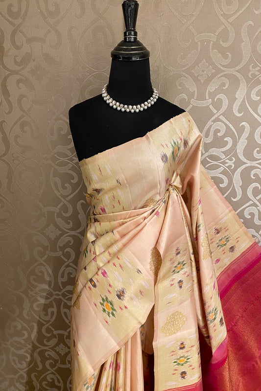 Light Peach Kanjeevaram Silk Saree, With Unstich Blouse