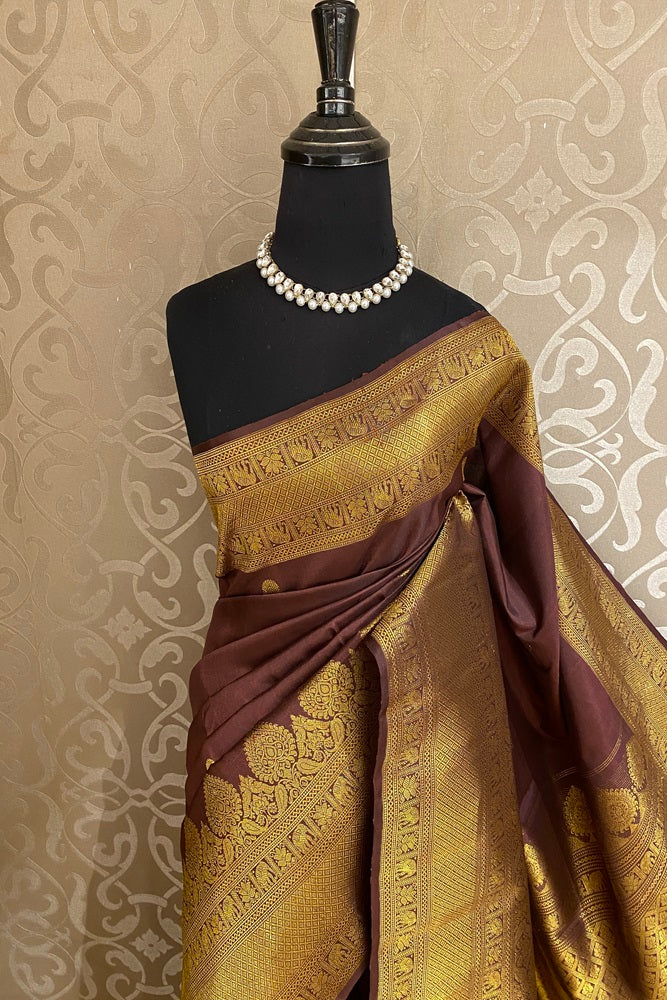 Chocolate Brown Kanjeevaram Silk Saree Hand Weaving, With Unstich Blouse