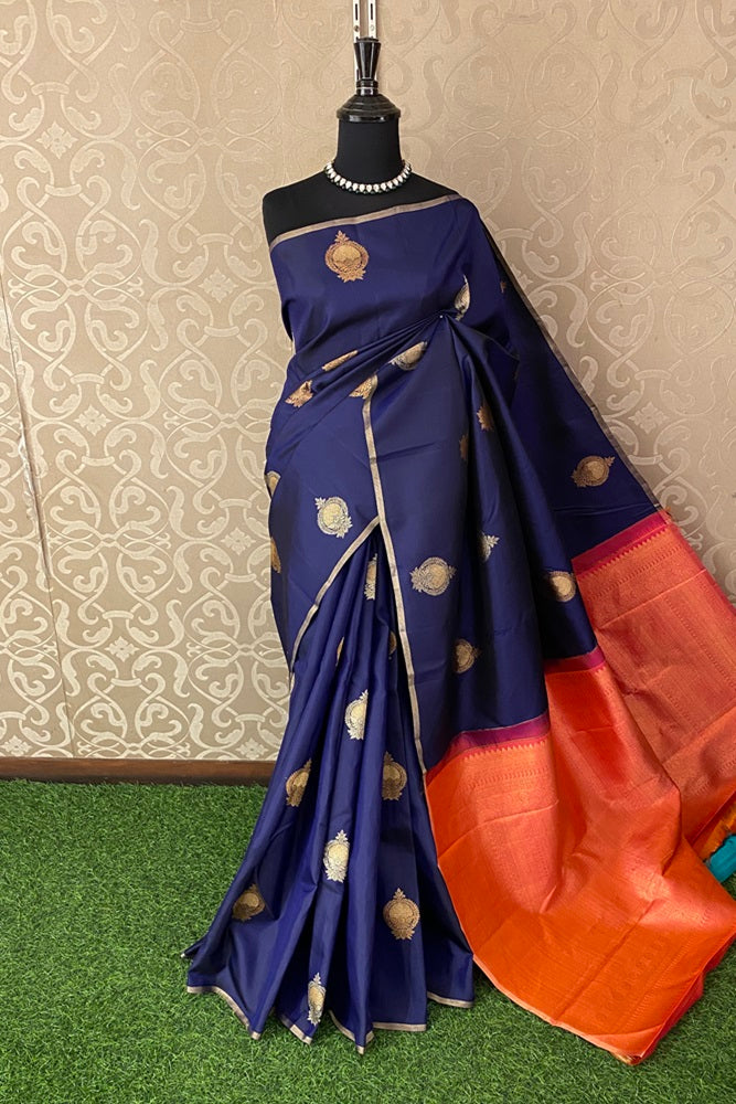 Blue Kanjeevaram Silk Saree Hand Weaving, With Unstich Blouse