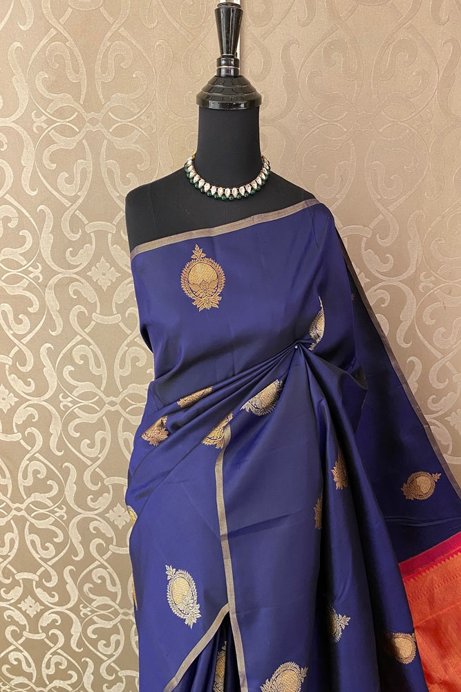 Blue Kanjeevaram Silk Saree Hand Weaving, With Unstich Blouse
