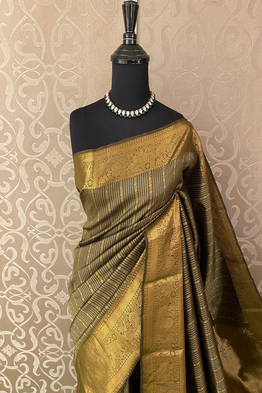 Mehendi Green Colour Pure Kanjeevaram Silk Saree, With Unstich Blouse