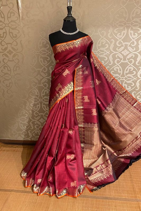 Maroon Colour Pure Kanjeevaram Silk Saree, With Unstich Blouse