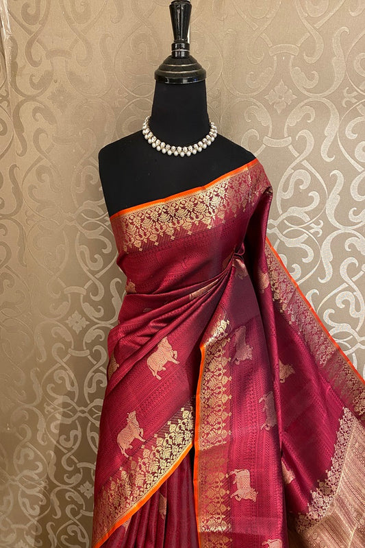 Maroon Colour Pure Kanjeevaram Silk Saree, With Unstich Blouse