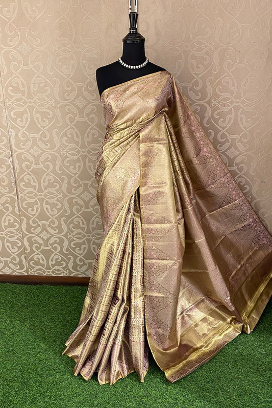 Gold Wine Colour Pure Tissue Kanjeevaram Silk Saree, With Unstich Blouse