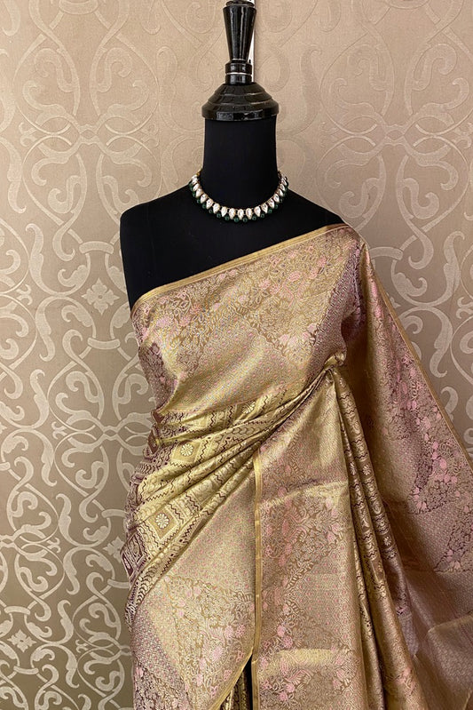 Gold Wine Colour Pure Tissue Kanjeevaram Silk Saree, With Unstich Blouse