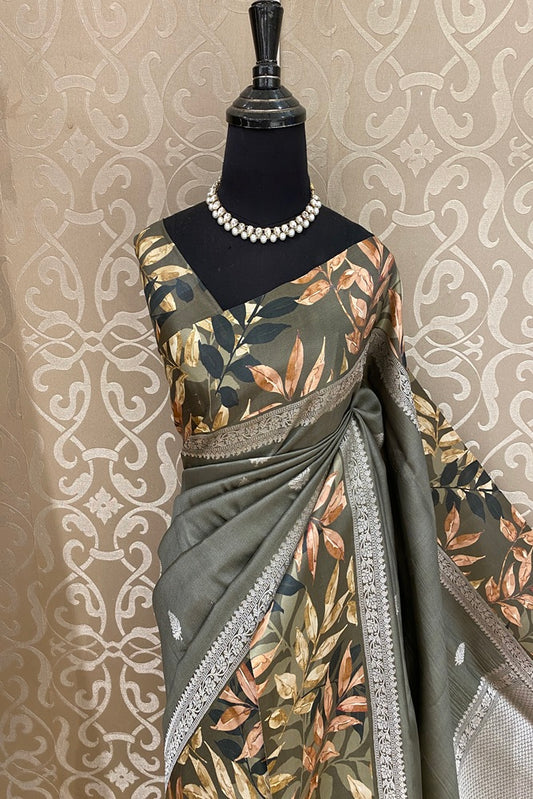 Olive Green Tussar Banarasi Silk Saree With Digital Printed Border, With Unstich Blouse Piece