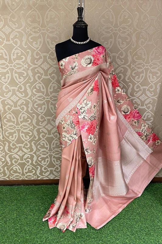 Peaches Pink Tussar Banarasi Silk Saree With Digital Printed Border, With Unstich Blouse Piece