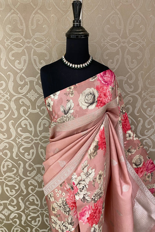 Peaches Pink Tussar Banarasi Silk Saree With Digital Printed Border, With Unstich Blouse Piece