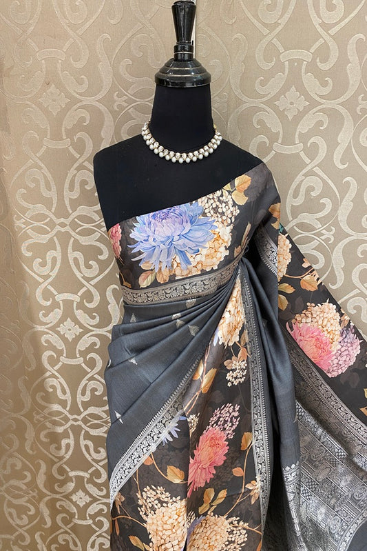 Black Tussar Banarasi Silk Saree With Digital Printed Border, With Unstich Blouse Piece