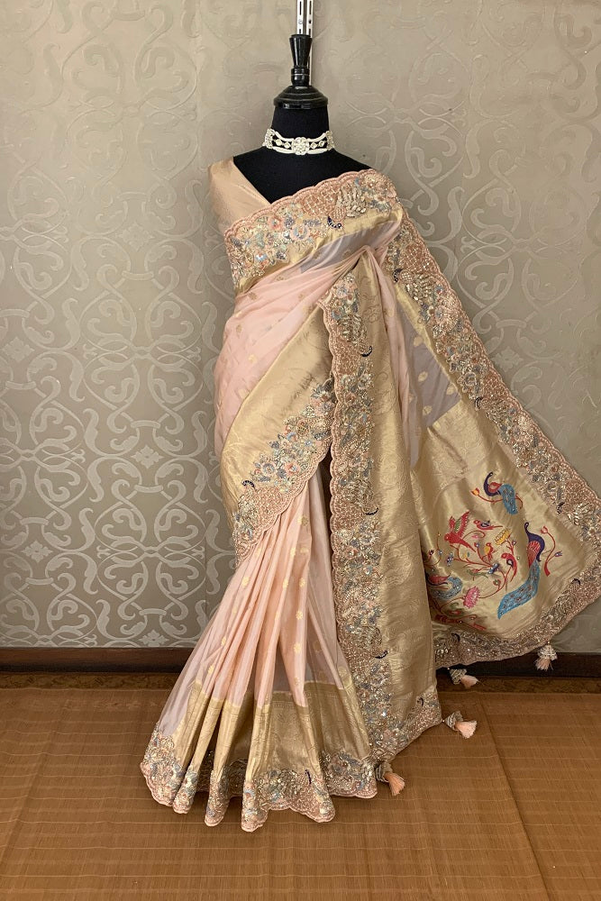 PEACH BANARASI KATAN SILK EMBROIDERED SAREE WITH BLOUSE PIECE