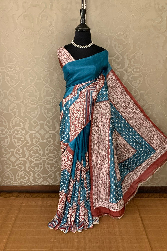 BLUE & RUST TUSSAR SILK BENGAL KANTHA STITCH SAREE