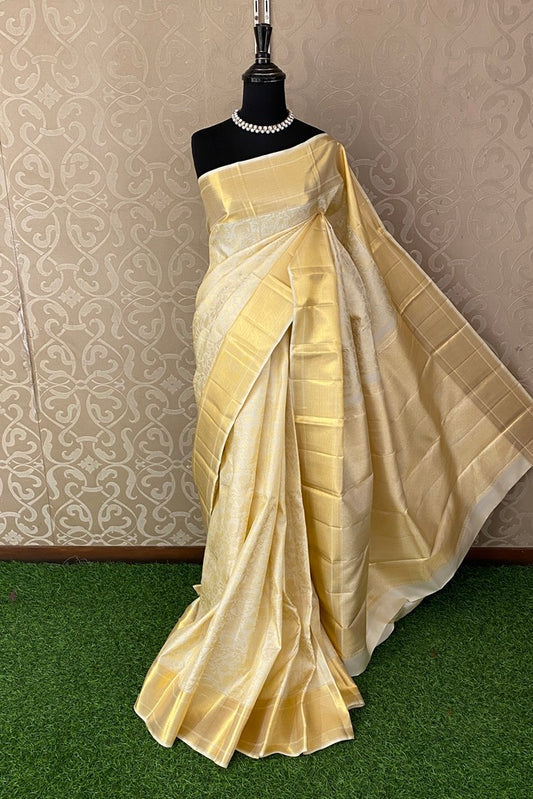 Offwhite Gold Pure Kanjeevaram Silk Saree, With Unstich Blouse
