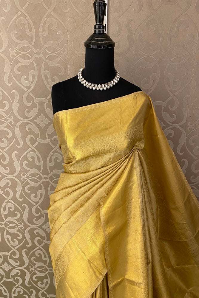 Golden Yellow Pure Kanjeevaram Silk Saree, With Unstich Blouse