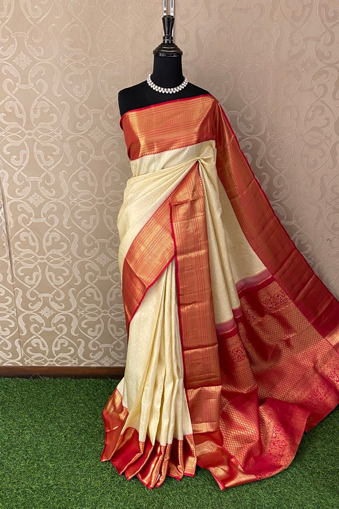Offwhite & Red Pure Kanjeevaram Silk Saree With Border And Unstich Blouse Piece