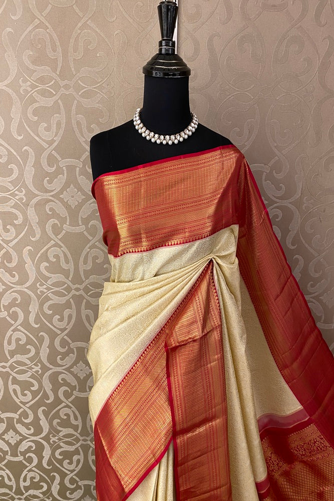Offwhite & Red Pure Kanjeevaram Silk Saree With Border And Unstich Blouse Piece