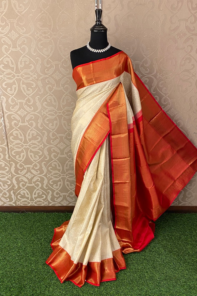 Offwhite & Rose Red Pure Kanjeevaram Silk Saree With Border And Unstich Blouse Piece