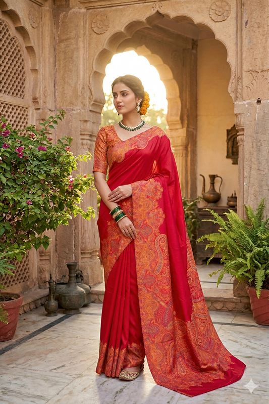 Red pure Kani handloom silk saree with woven blouse, traditional wear from Saarang Sarees, showcasing intricate Kani craftsmanship.
