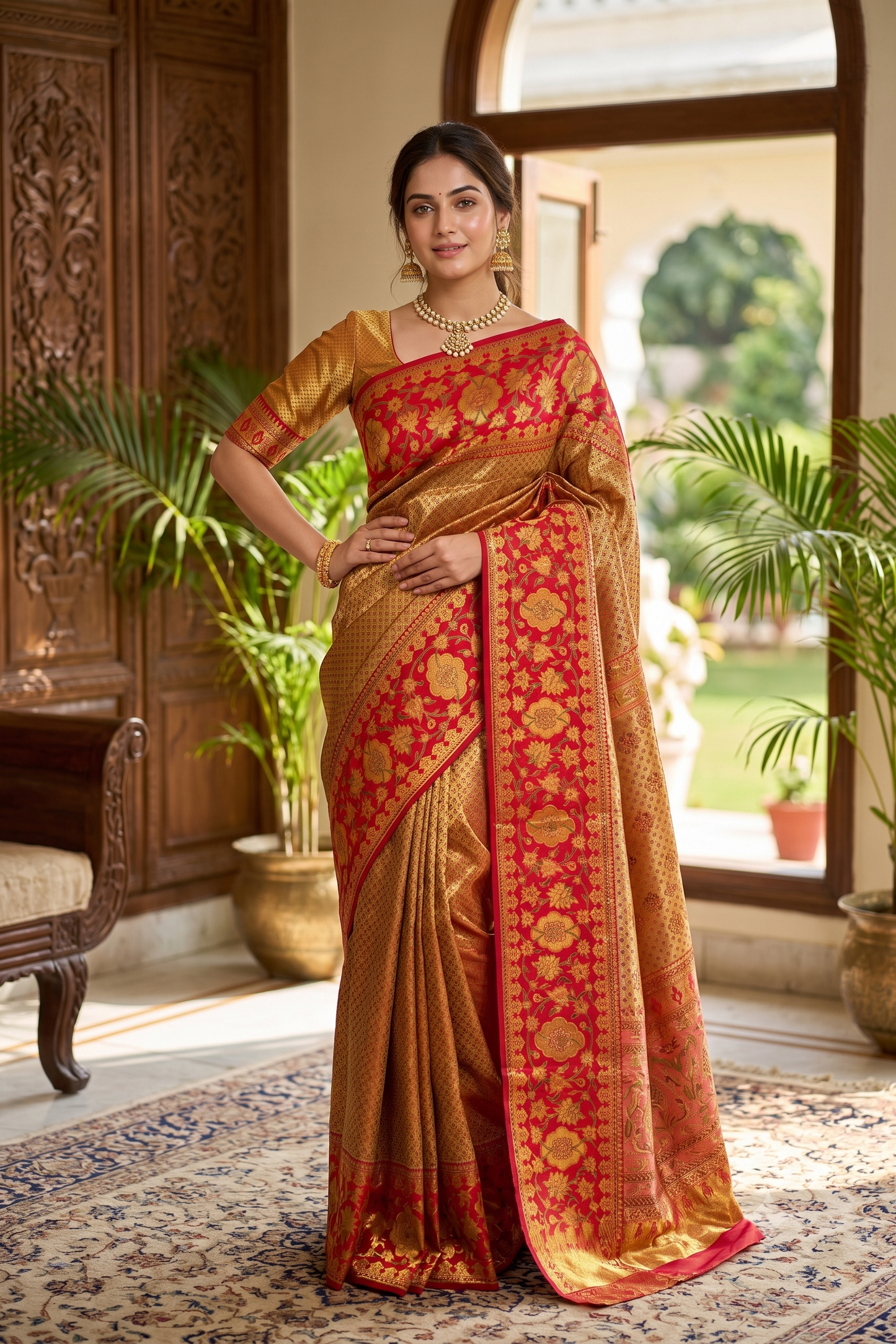 Beige Gold Tissue Kanjeevaram Silk Saree, With Unstiched Blouse - Saarang Sarees