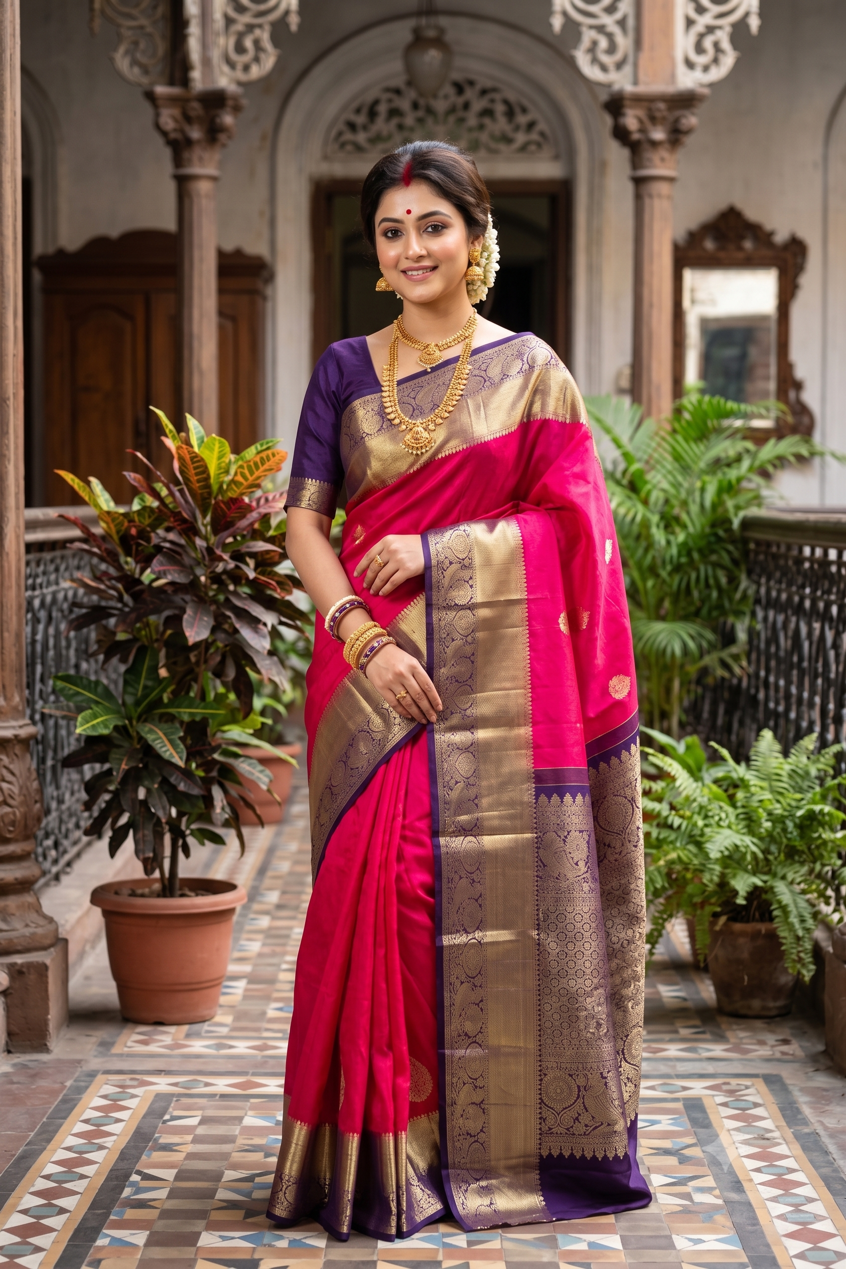 Magenta pure Kanjeevaram silk saree with unstiched blouse from Saarang Sarees, showcasing traditional Indian craftsmanship.