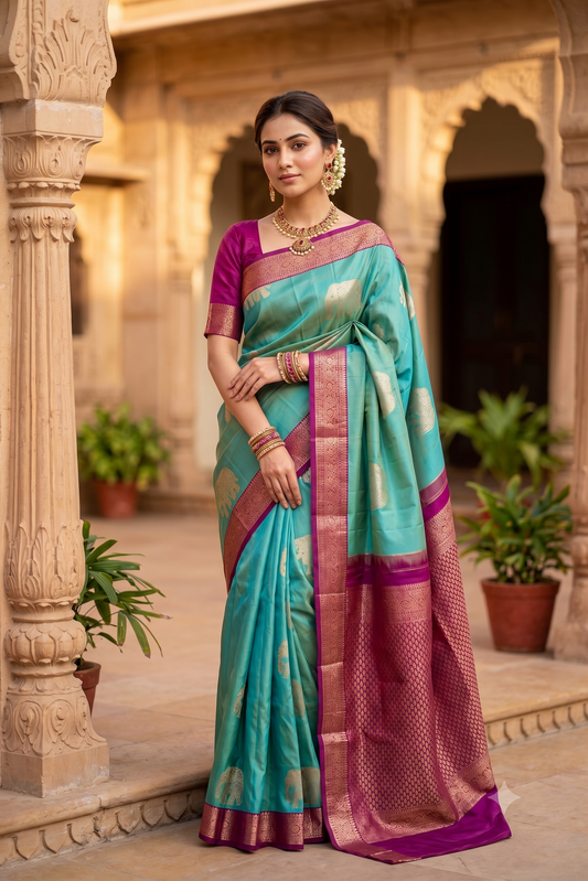 Sea green Kanjeevaram silk saree with traditional design and matching unstiched blouse by Saarang Sarees.