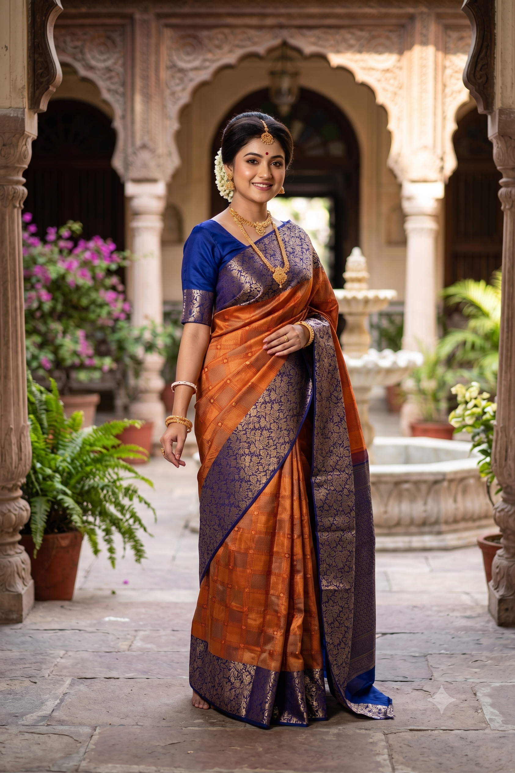 Orange pure Kanjeevaram silk saree with traditional design and unstiched blouse, crafted by Saarang Sarees for elegant wear.
