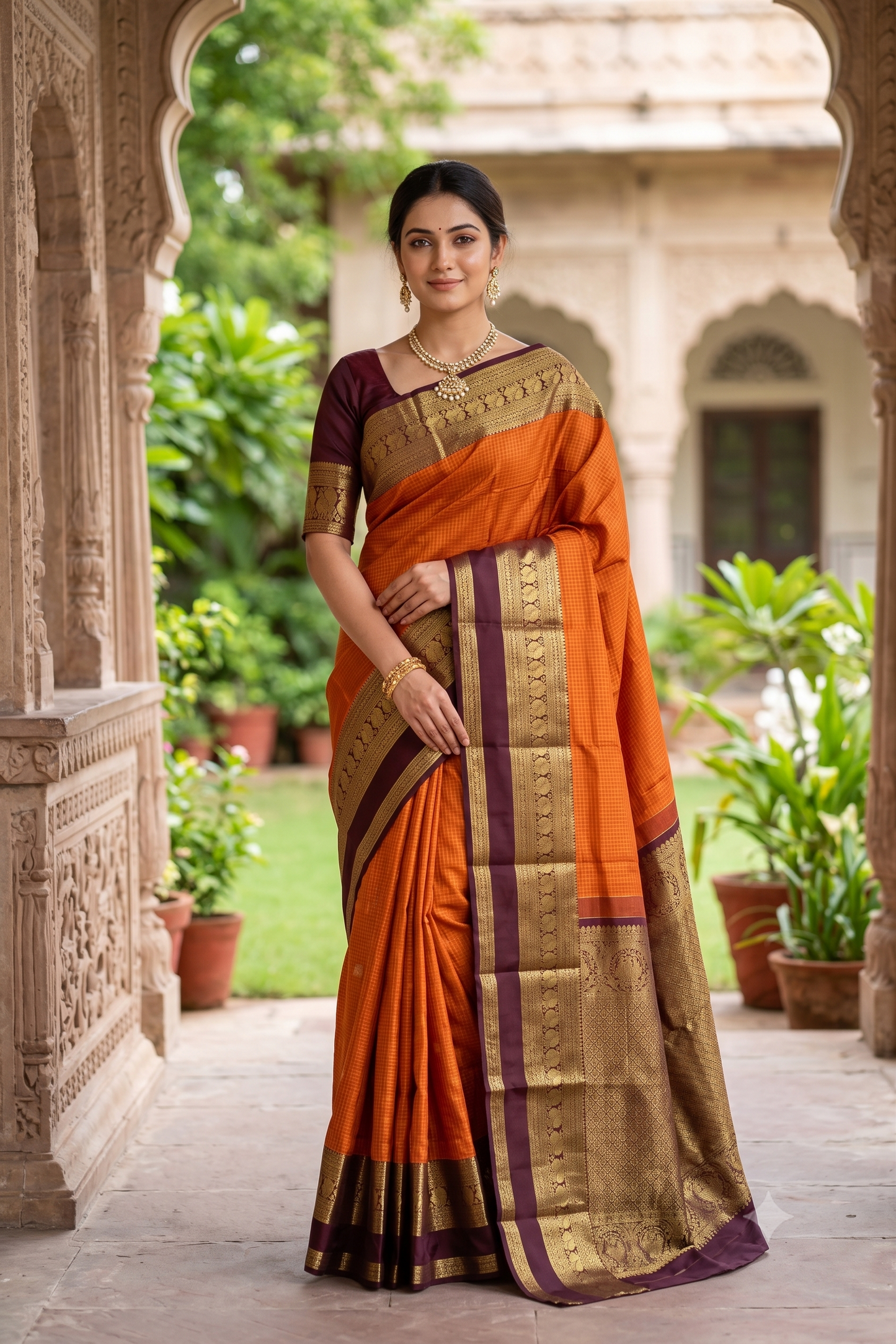Orange pure Kanjeevaram silk saree with intricate traditional patterns and matching unstiched blouse, by Saarang Sarees.