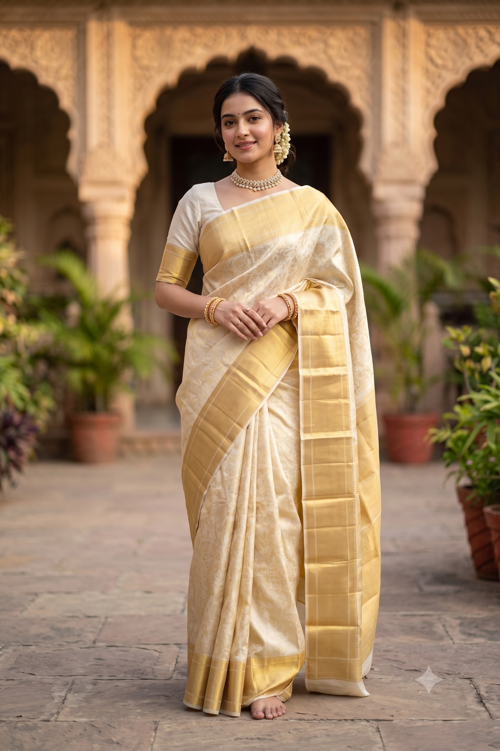 Offwhite gold pure Kanjeevaram silk saree with traditional border and blouse from Saarang Sarees, displayed on a mannequin.