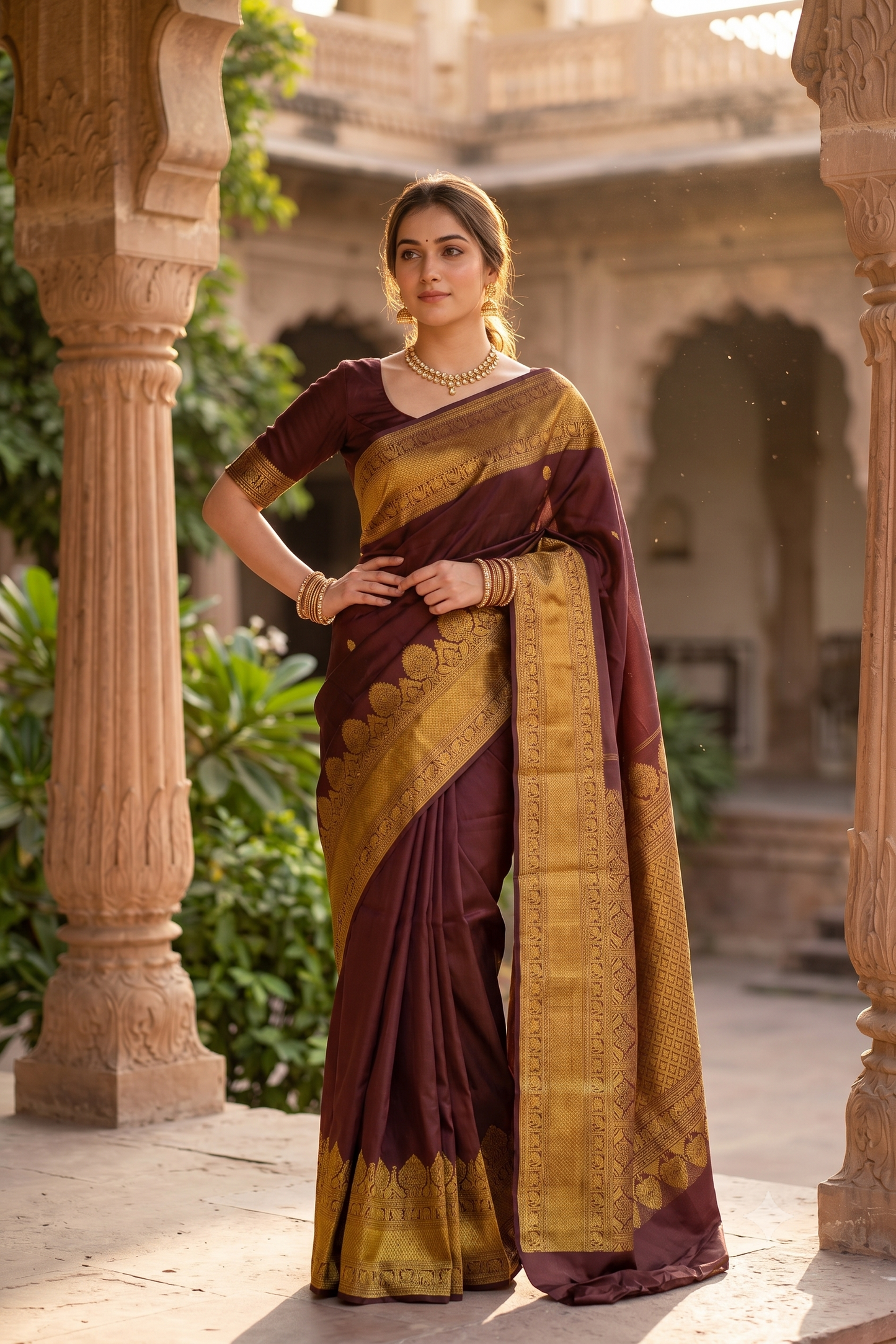 Chocolate Brown Kanjeevaram Silk Saree Hand Weaving, With Unstich Blouse