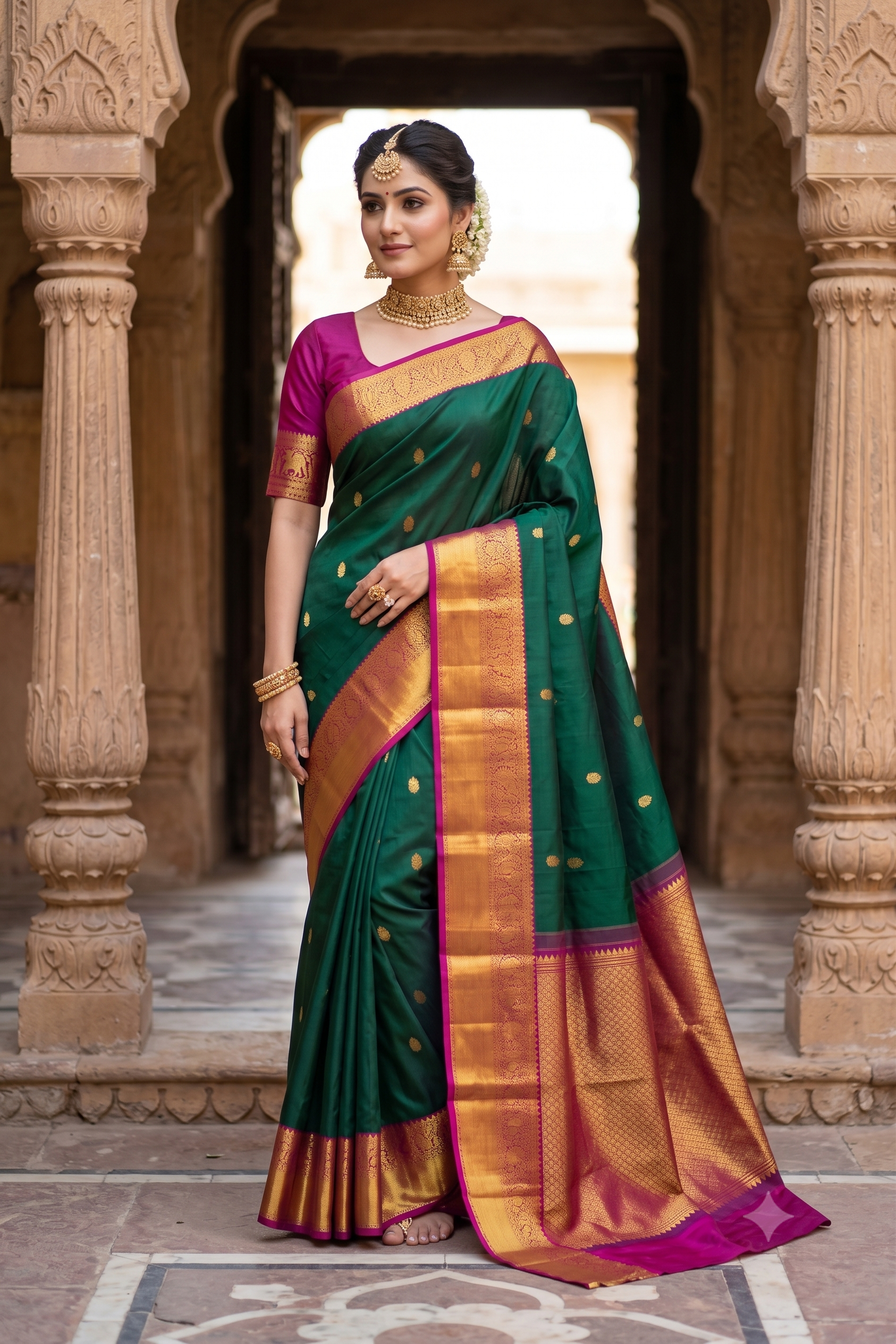 Bottle green pure Kanjeevaram silk saree with intricate gold zari work and matching unstiched blouse, traditional Indian wear by Saarang Sarees.