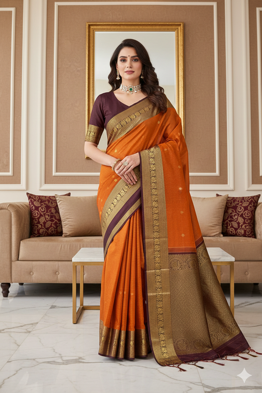 Orange Pure Kanjeevaram Silk Saree, With Unstiched Blouse - Saarang Sarees