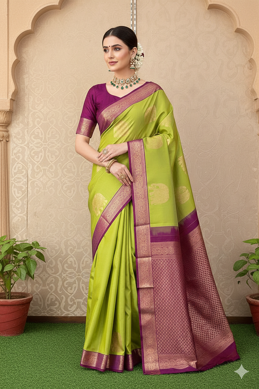 Lime Green Pure Kanjeevaram Silk Saree, With Unstiched Blouse - Saarang Sarees