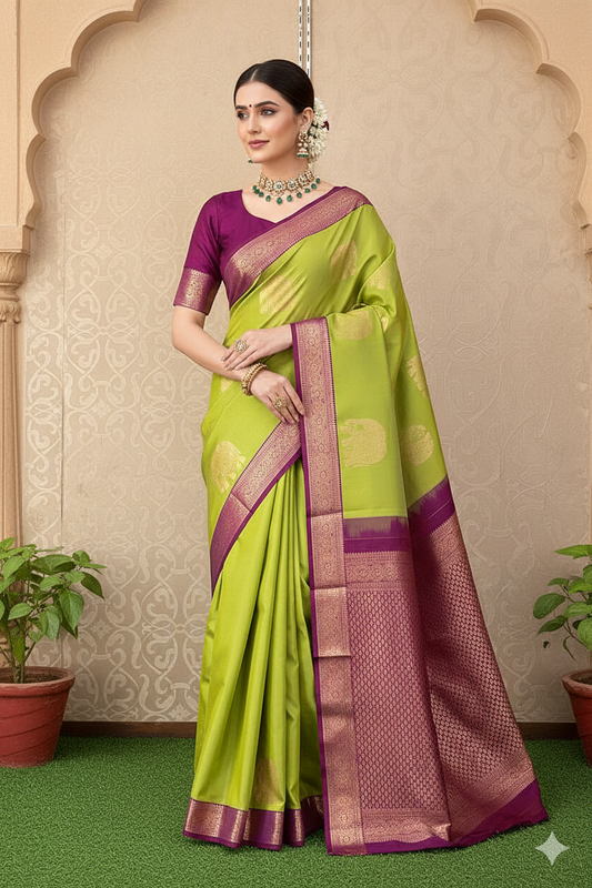 Lime Green Pure Kanjeevaram Silk Saree, With Unstiched Blouse - Saarang Sarees