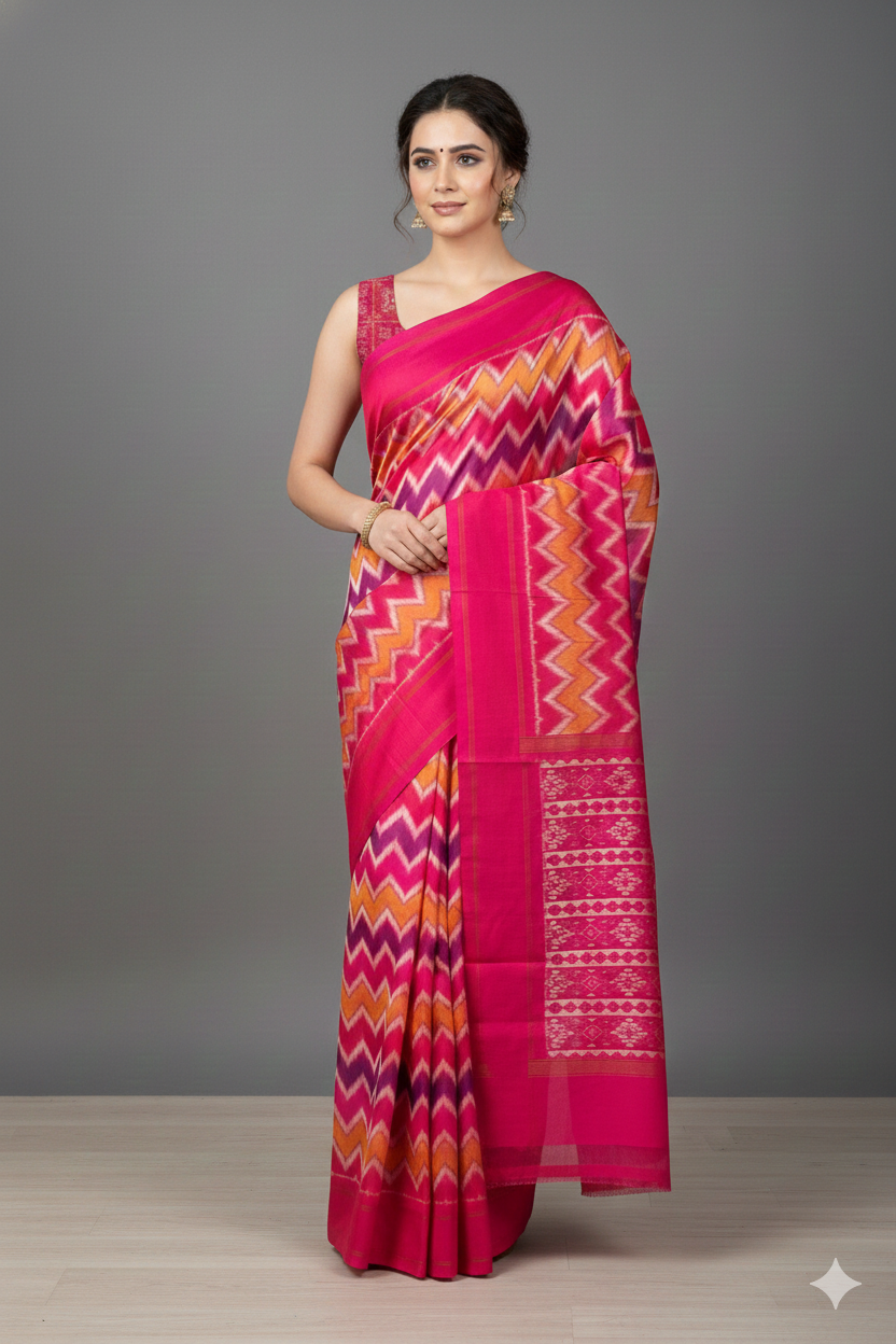 White Multi Pochampally Ikat silk saree with traditional weaving and unstiched blouse, showcasing intricate patterns and craftsmanship.