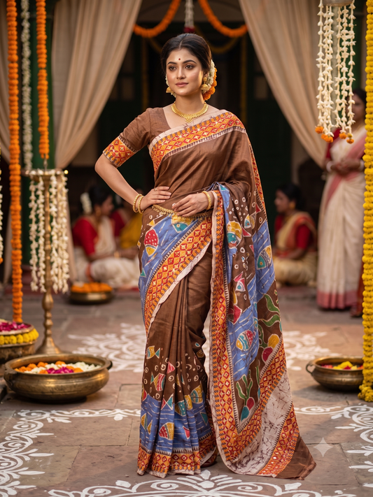 Chocolate Brown Tussar Batik Saree, With Unstitched Blouse