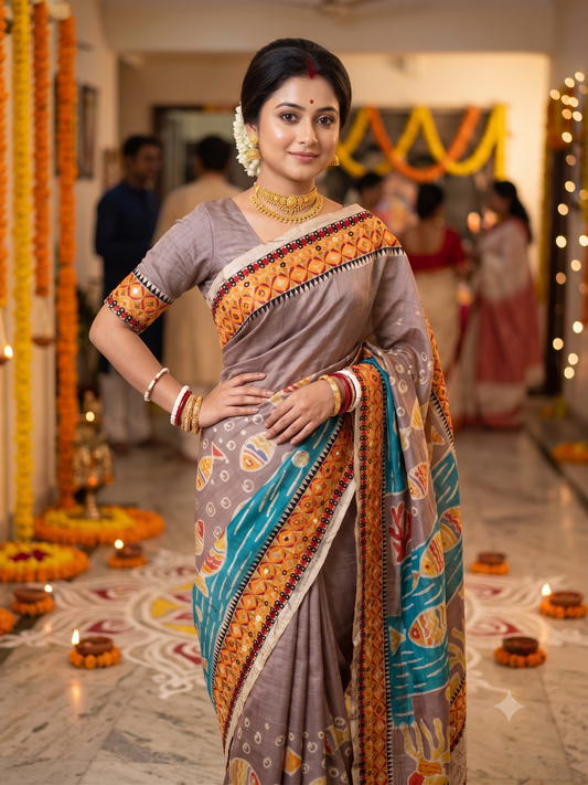 Greyish Mauve Tussar Batik Saree, With Unstitched Blouse