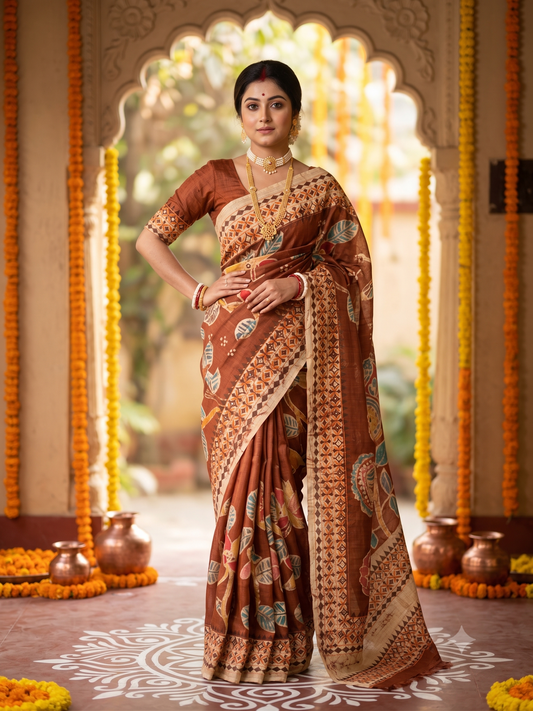 Brown Tussar Batik Saree, With Unstitched Blouse